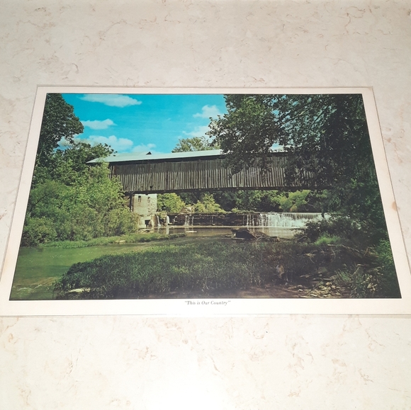 Vintage Placemat This Is Our Country Covered Bridge Bright Of America - Picture 1 of 6